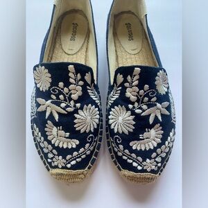 Soludos Ibiza Boho Floral Embroidered Espadrilles Navy Blue Size 9